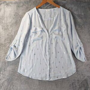 New York Company Light Blue Polka Dot Button Front‎ Top - Roll Tab Sleeves, M